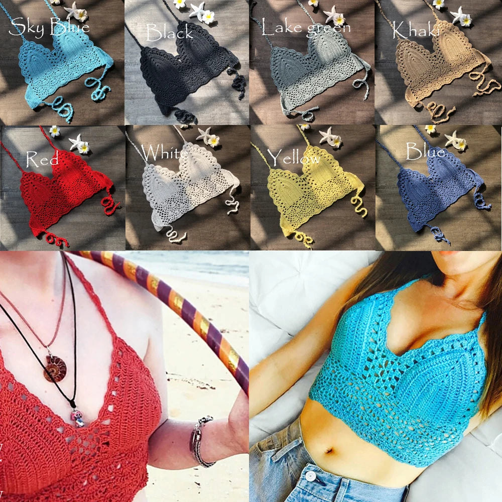 Halter Neck Crochet Crop Top Knit Bralette Backless Bikini Boho Beachwear