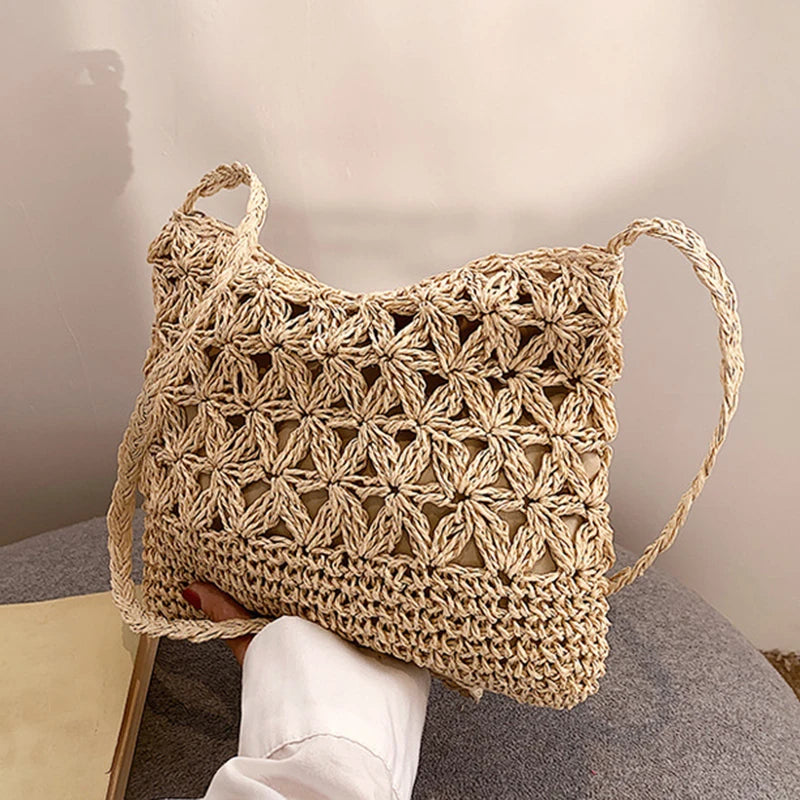 Women Beach Woven Straw Shoulder Messenger Bag Boho Crossbody Macrame Purse