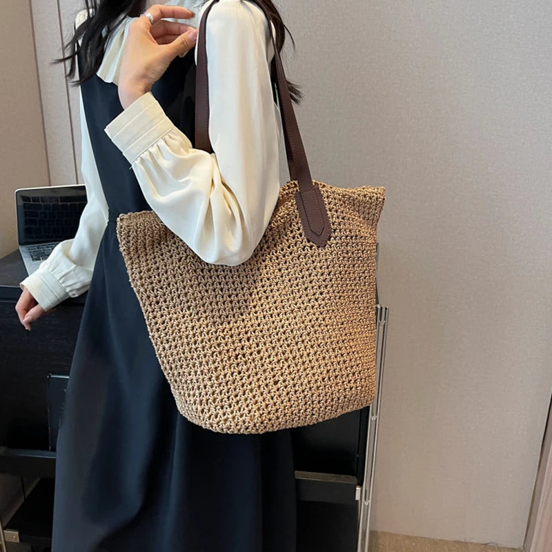 Women Bohemian Straw Shoulder Bag Large Crochet Tote For Beach Summer Woven