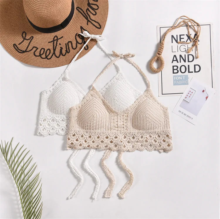 Crochet Bustier Beach Top HollowOut Adjustable Straps Padded Cups Y2K Swimwear