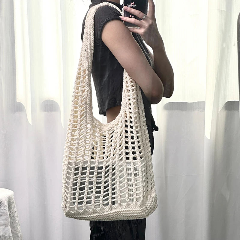 Solid Color Knitting Shoulder Bag Hollow Out Bohemian Crochet Tote For Women