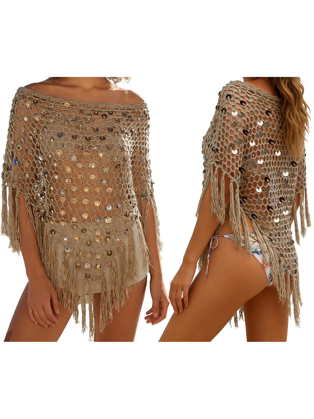 Womens Tassel Hem Knitted Poncho With Sparkly Sequins Crochet Shrug Shawl
