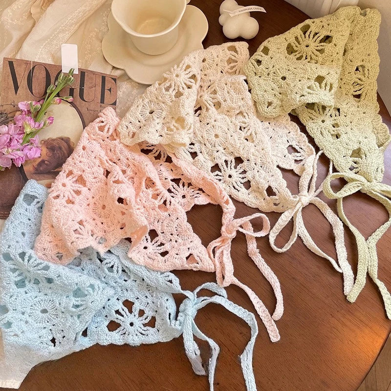 Unisex Floral Knitted Headscarf Hat Handmade Triangle Vintage Crochet Headband