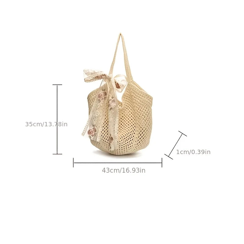 Women's Crochet Tote Bag Set Two Piece Large Capacity Hollow Woven Shopping Bag