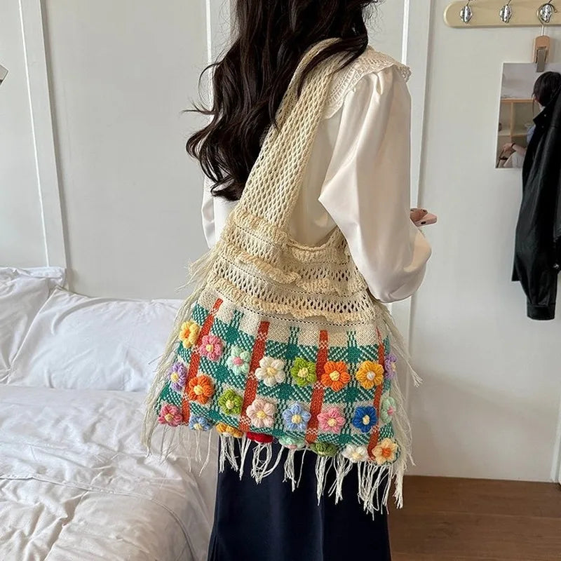 Women's Large Crochet Shoulder Tote Bag For Casual Daily Use School Commute