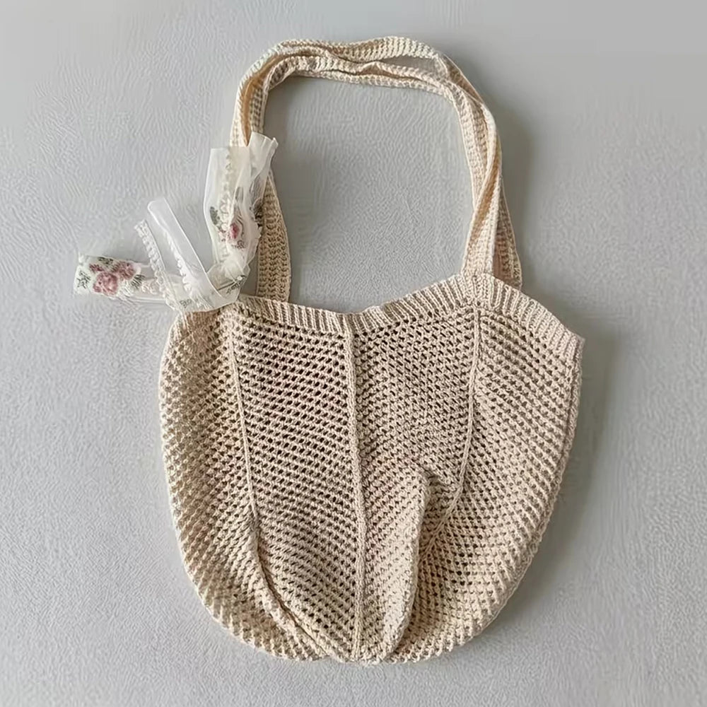 Women's Crochet Tote Bag Ribbon Two Piece Set Large Capacity Hollow Woven Bag