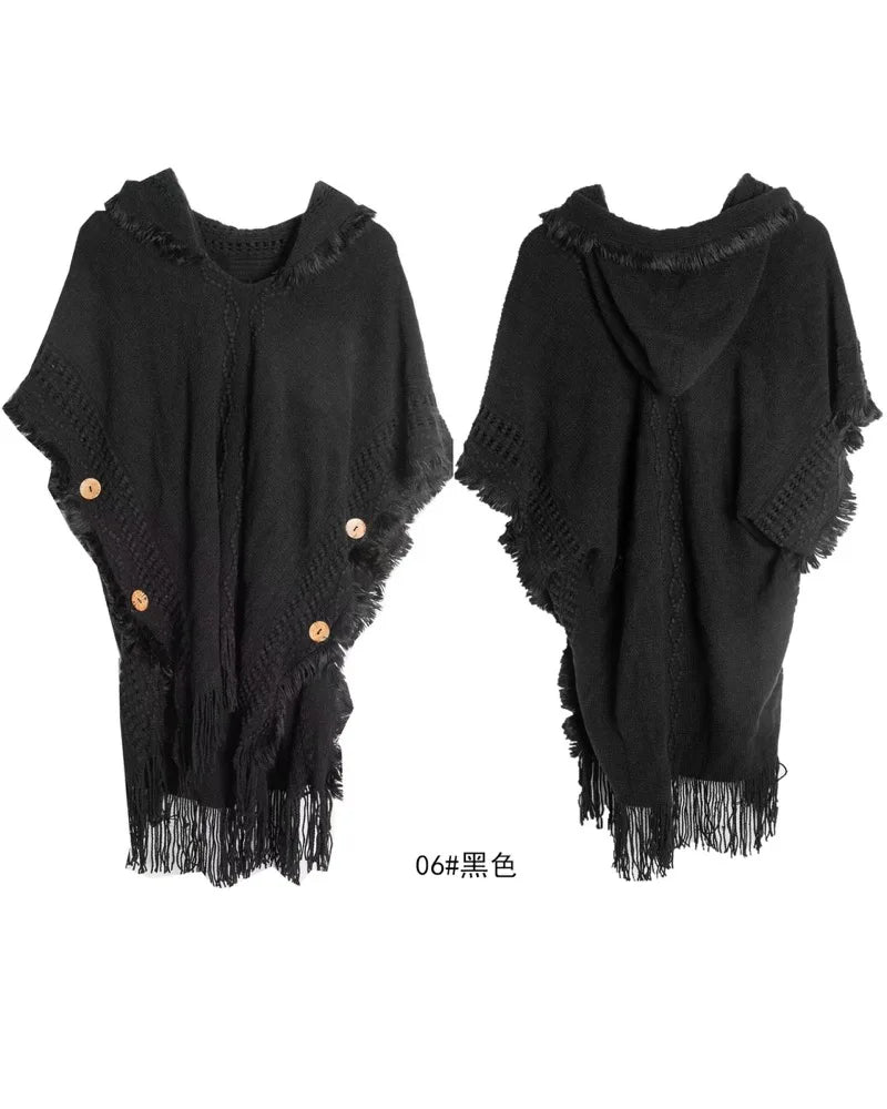Hooded Crochet Cloak Poncho Shawl Boho Chic Knit Wrap For Women