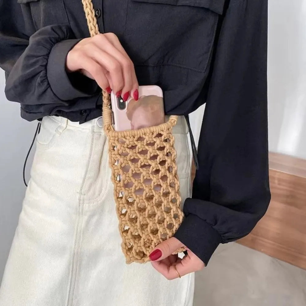 Hollow Out Woven Crochet Crossbody Phone Bag Women Lightweight Shoulder Bag