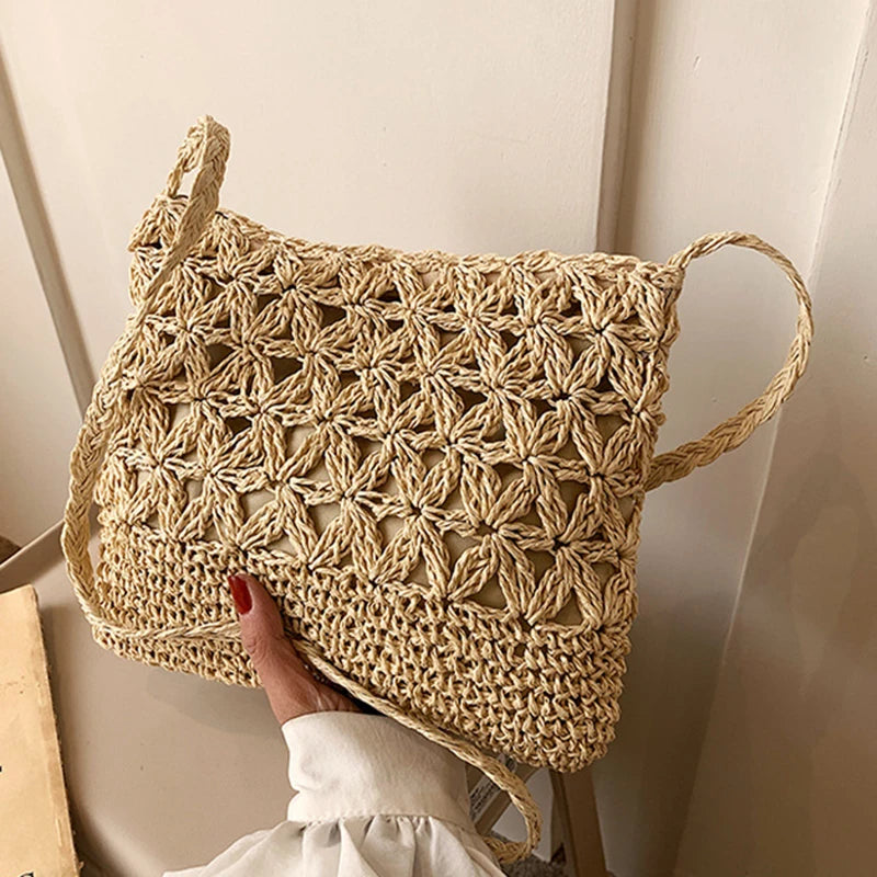 Women Beach Woven Straw Shoulder Messenger Bag Boho Crossbody Macrame Purse