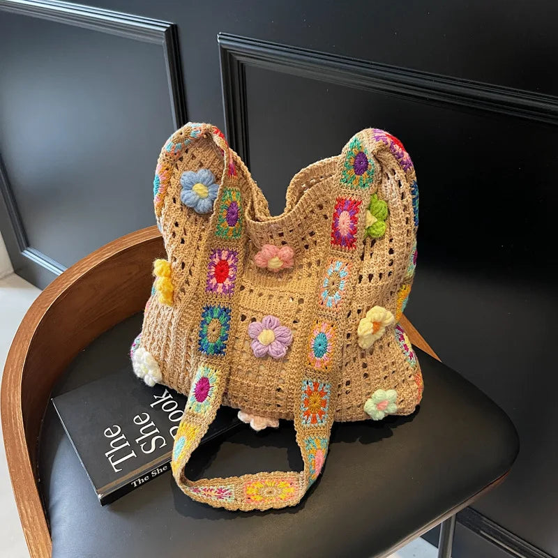Sac fourre-tout tricoté pour femme Fait main Crochet Épaule Sac de plage Grande capacité Voyage