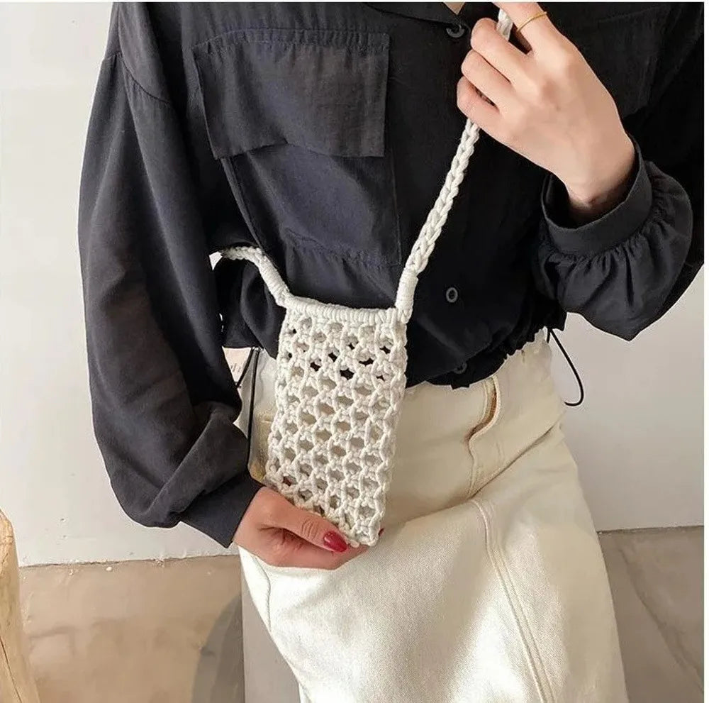 Hollow Out Woven Crochet Crossbody Phone Bag Women Lightweight Shoulder Bag