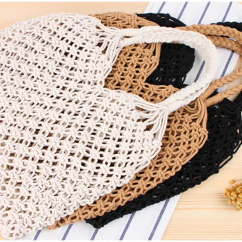 Hollow Crochet Mesh Shoulder Bag With Inner Pocket Women Solid Color Tote Bag