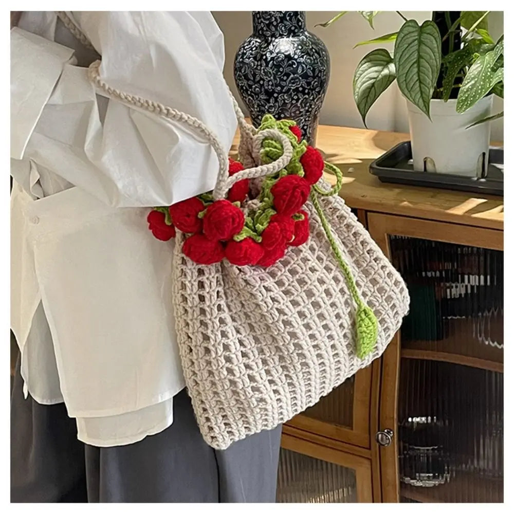 Bohemian Rose Crochet Rope Beach Bucket Bag With Flower Knitted Shoulder Bag