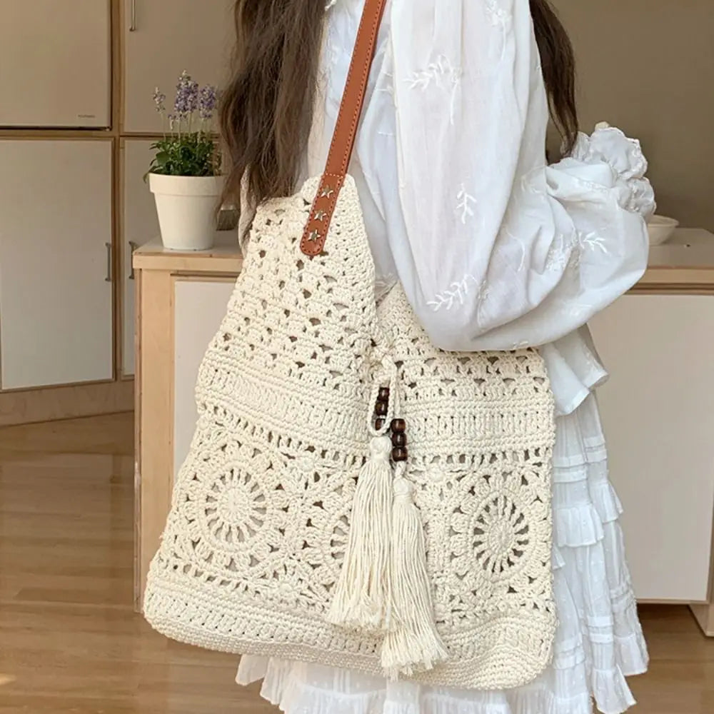 Bohemian Crochet Tote Bag Large Capacity Boho Weave Ethnic Beach Style Bag