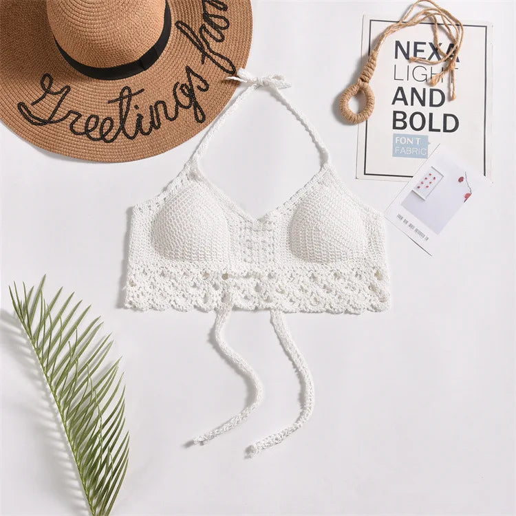 Crochet Bustier Beach Top HollowOut Adjustable Straps Padded Cups Y2K Swimwear
