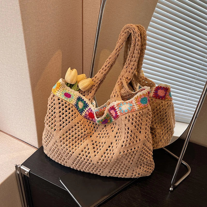 Bohemian Handmade Beach Tote Bag Beads Trim Straw Crochet Women Shoulder Bag