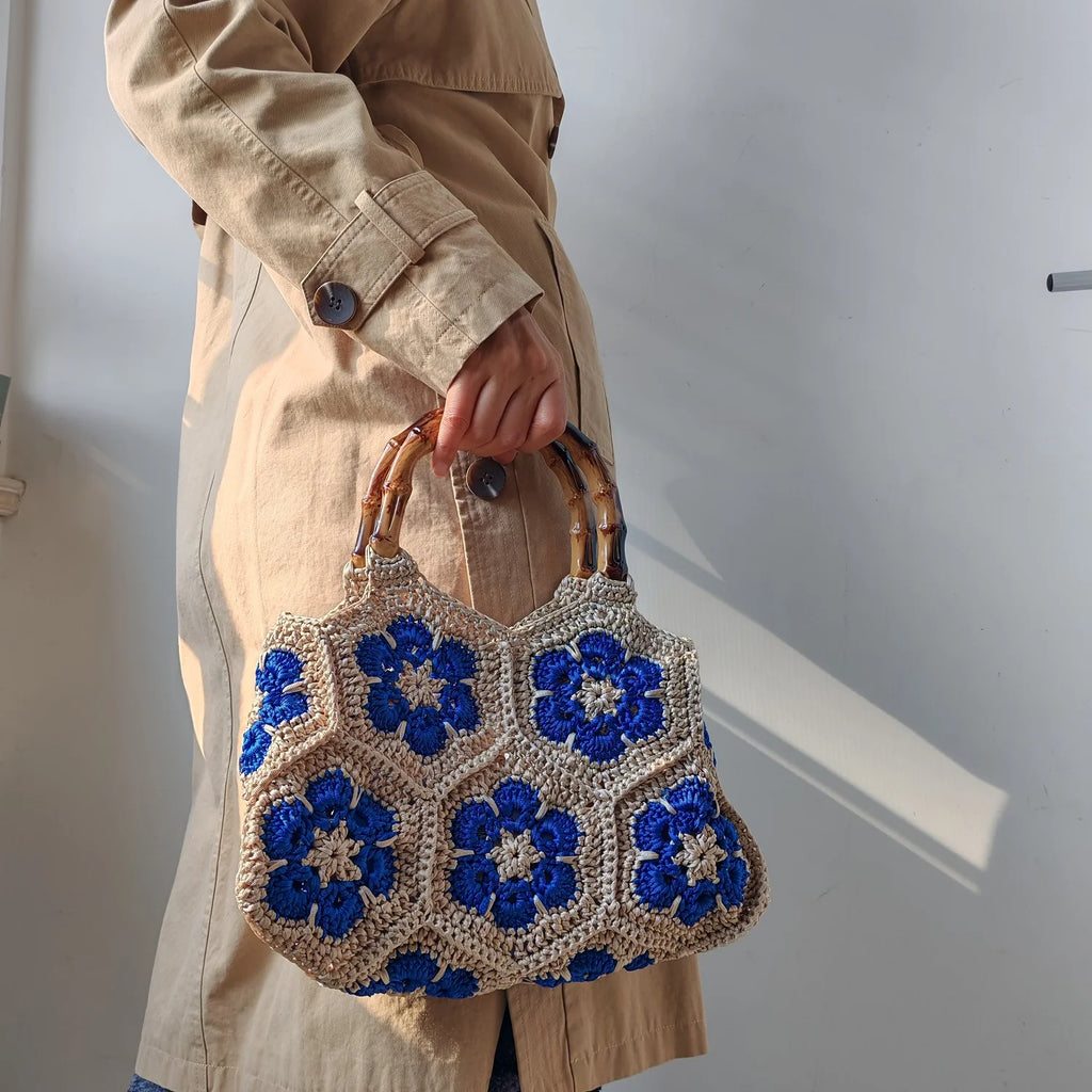 Handmade Crochet Granny Square Tote Bag With Bamboo Style Handle Vintage Flower