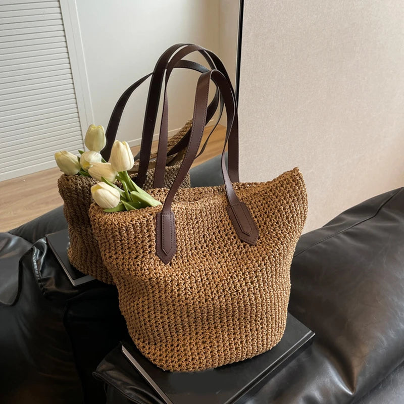Women Bohemian Straw Shoulder Bag Large Crochet Tote For Beach Summer Woven