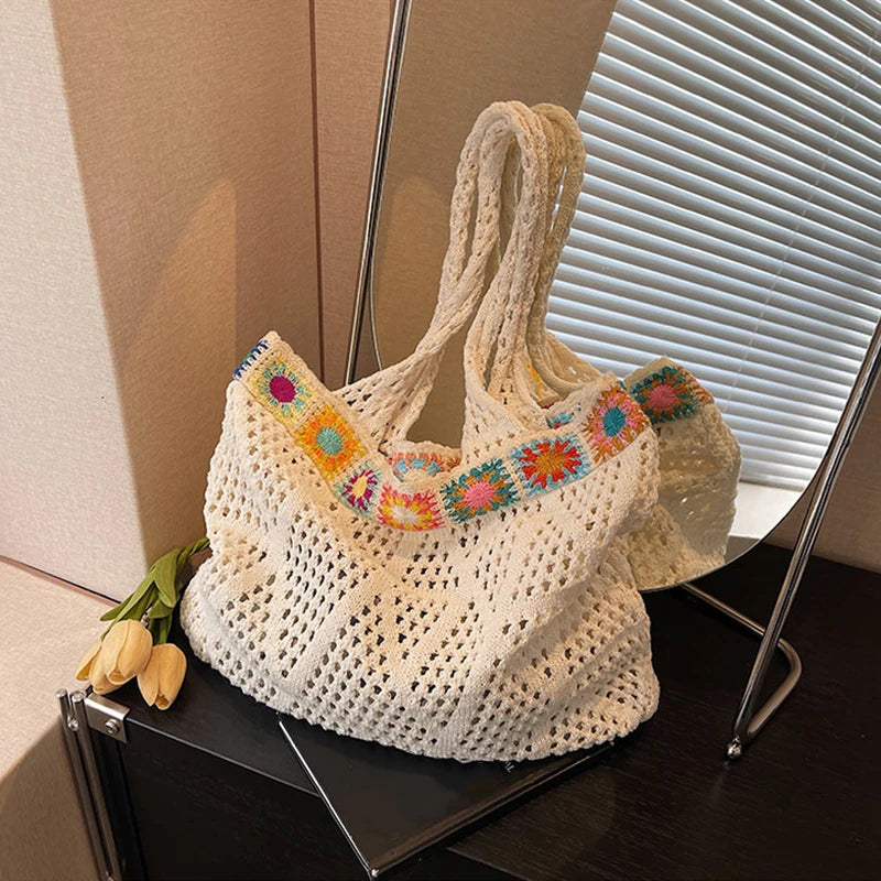Bohemian Handmade Beach Tote Bag Beads Trim Straw Crochet Women Shoulder Bag