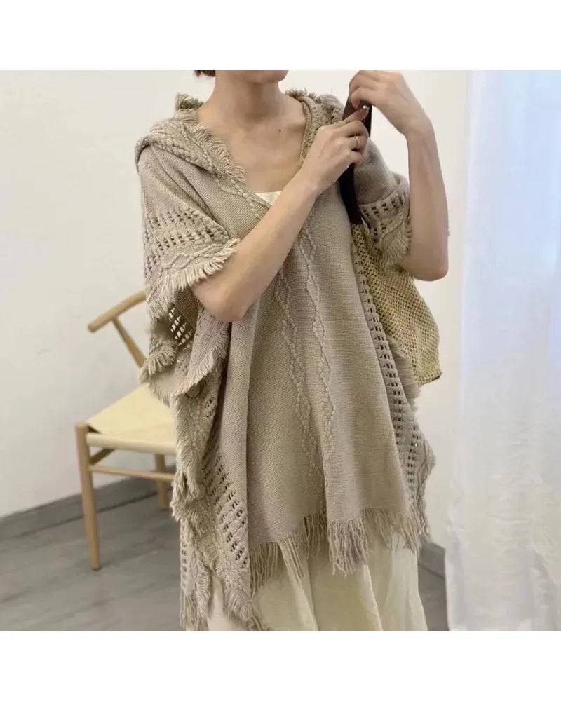 Hooded Crochet Cloak Poncho Shawl Boho Chic Knit Wrap For Women