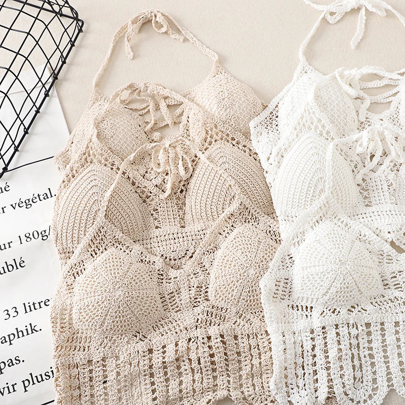 Débardeur court d'été en crochet ajouré pour femme, dos nu, style bandeau dos nu, pour la plage