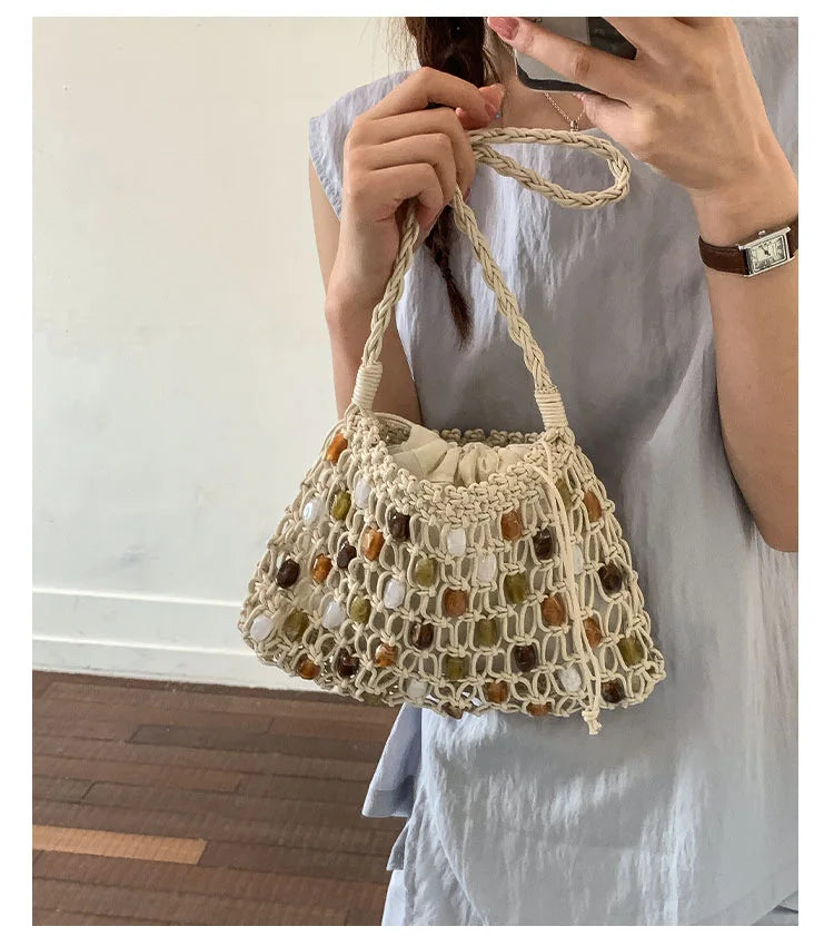 Hollow Beading Womens Shoulder Bag Rope Knitting Bohemian Crochet Mesh Tote Bag