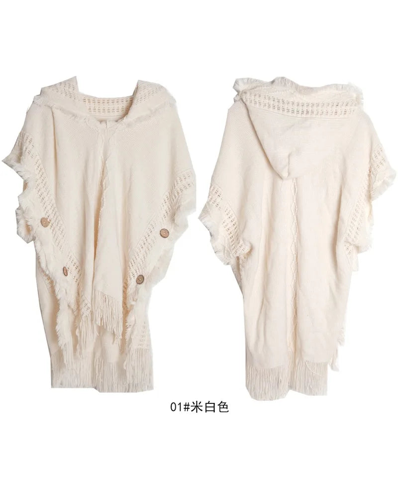 Hooded Crochet Cloak Poncho Shawl Boho Chic Knit Wrap For Women
