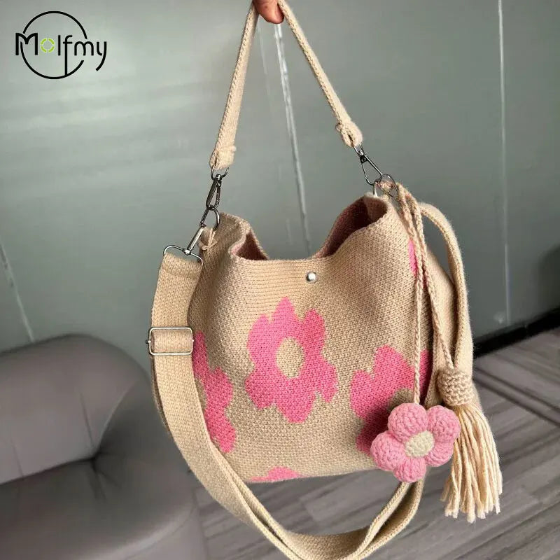 Handmade Crochet Flower Tote Bag Crossbody Purse Boho Beach Bag For Women