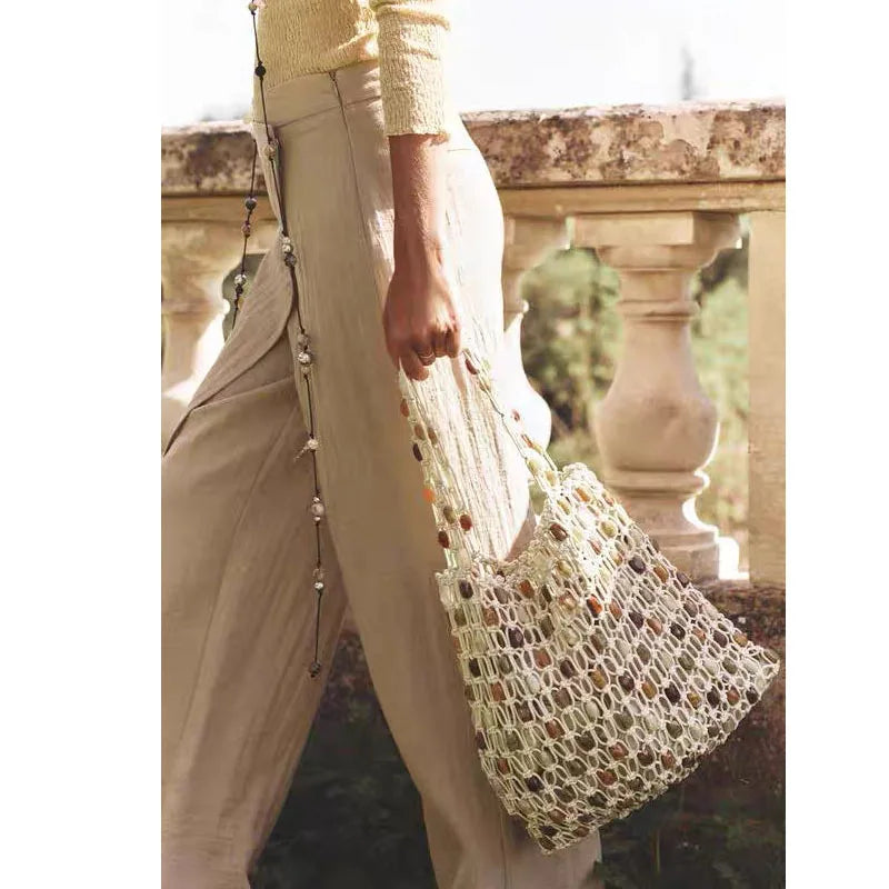 Bohemian Rope Crochet Women Bag Beading Beach Bag Handmade Woven Shoulder Bag