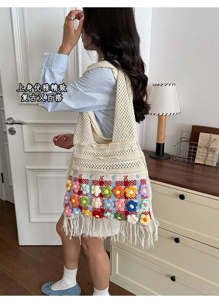 Women's Large Crochet Shoulder Tote Bag For Casual Daily Use School Commute