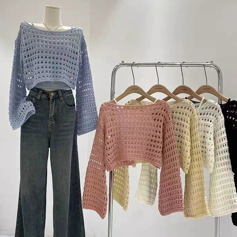 Boho Crochet Knit Long Sleeve Beach Cover Up For Women Vacation Top