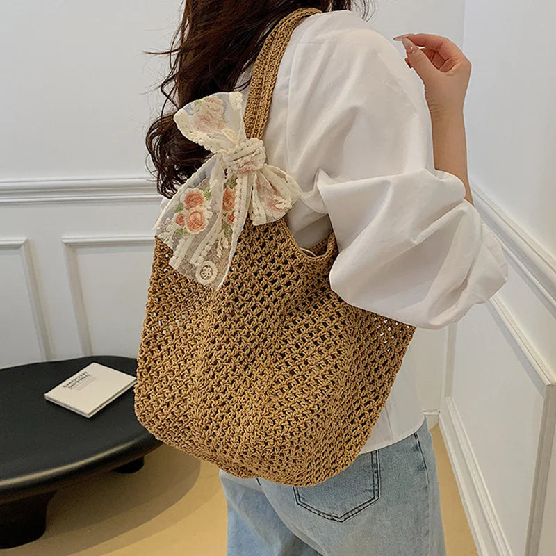 Summer Lace Bow Tote Bag For Women Raffia Rattan Crochet Shoulder Bag 2025