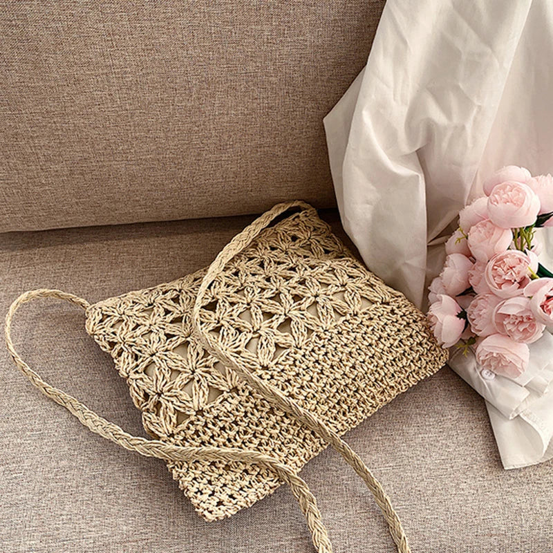 Women Beach Woven Straw Shoulder Messenger Bag Boho Crossbody Macrame Purse