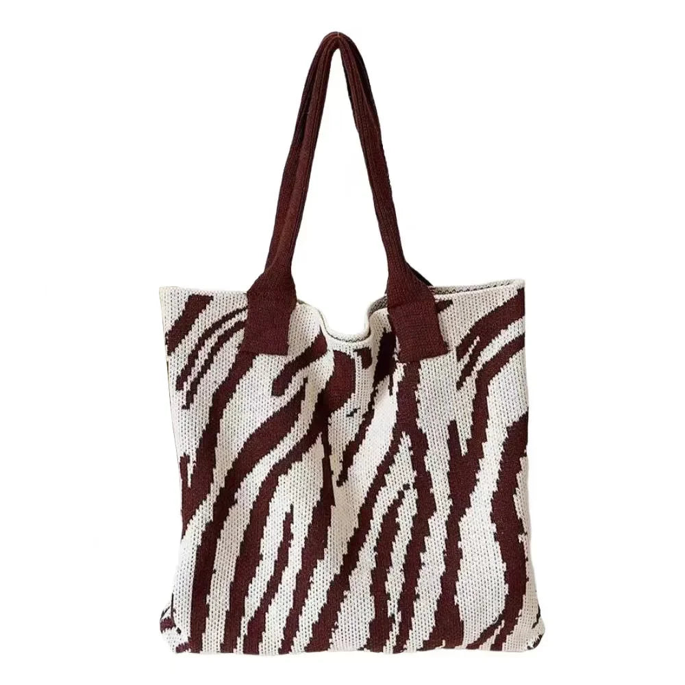 Sac à bandoulière pour femme grande capacité en tricot crochet motif zèbre