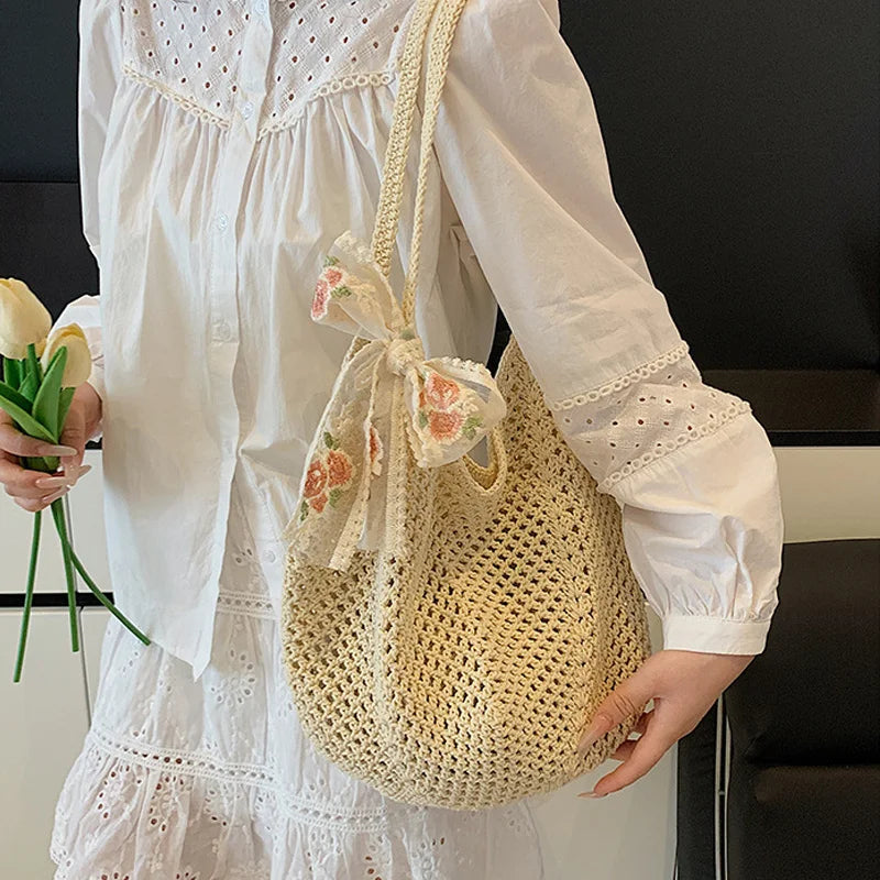 Summer Lace Bow Tote Bag For Women Raffia Rattan Crochet Shoulder Bag 2025