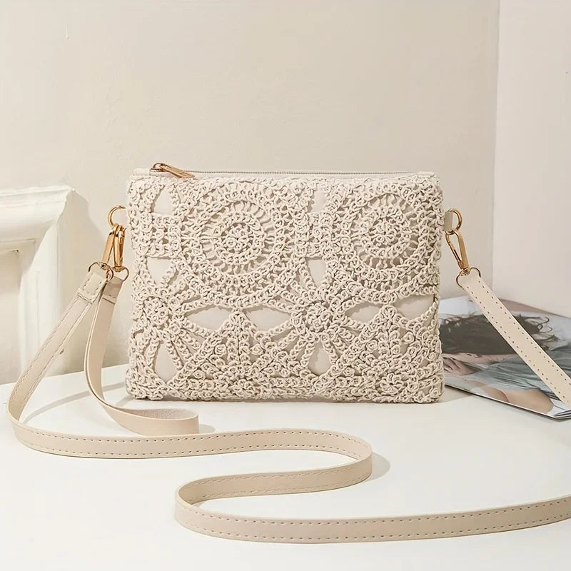 Sac à bandoulière polyvalent coréen en crochet tressé en paille avec fermeture éclair