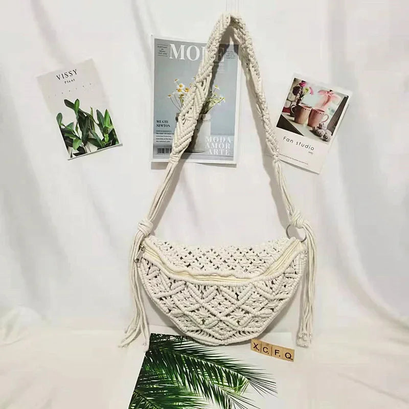 Women Summer Beach Knitted Bag Bohemian Crochet Waist Fanny Pack Shoulder Tote