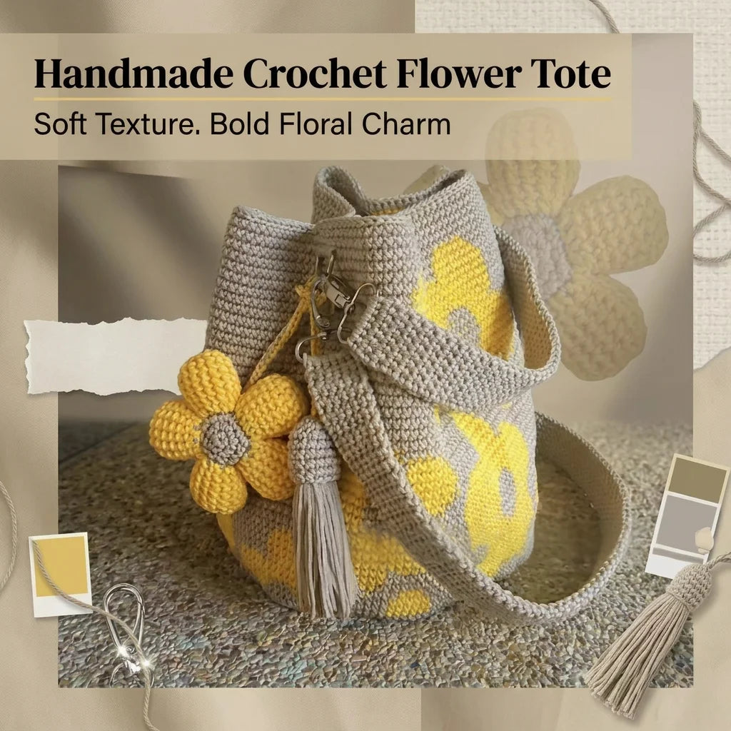 Handmade Crochet Oversized Flower Tote Bag With Detachable Flower Decoration