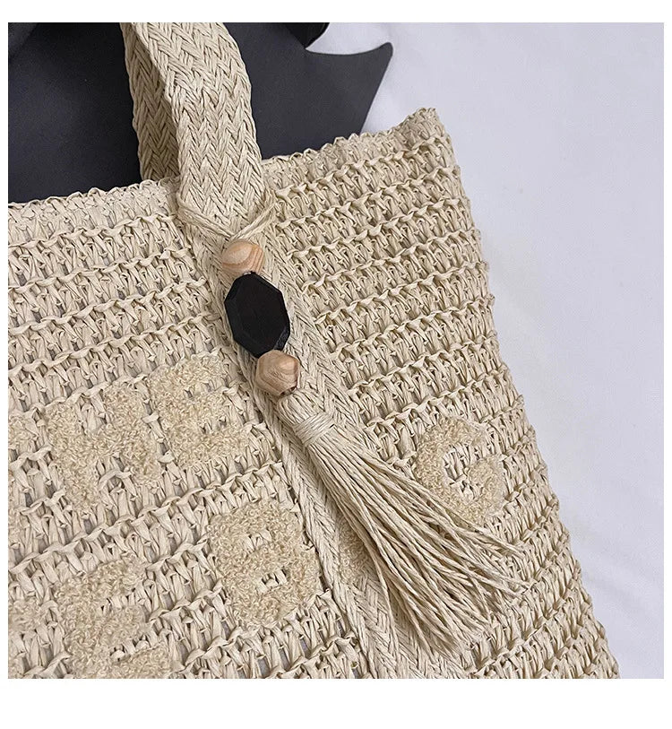 French Style Large Capacity Woven Straw Shoulder Bag For Women Beach Vacation
