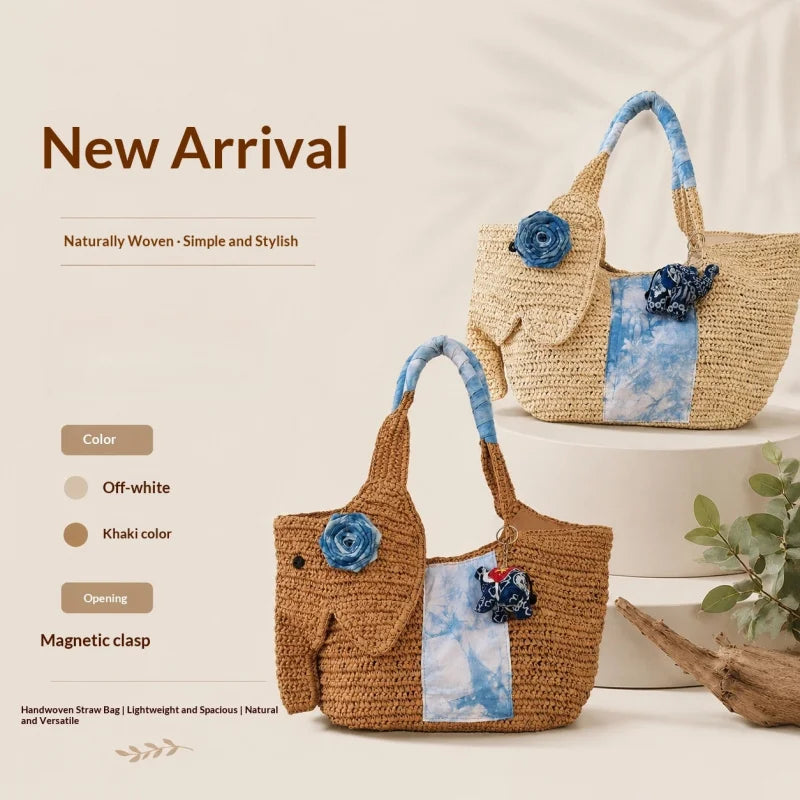 Elephant Straw Woven Tote Bag Handmade Beach Bag Large Capacity