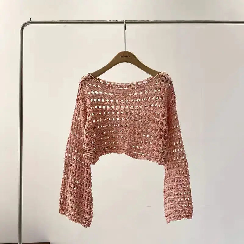 Boho Crochet Knit Long Sleeve Beach Cover Up For Women Vacation Top