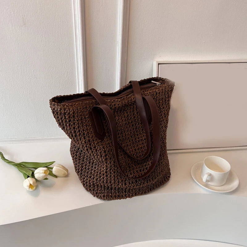 Women Bohemian Straw Shoulder Bag Large Crochet Tote For Beach Summer Woven