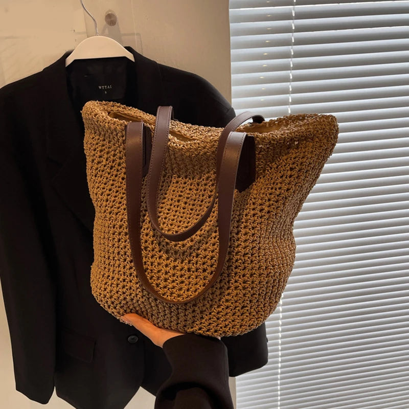 Women Bohemian Straw Shoulder Bag Large Crochet Tote For Beach Summer Woven