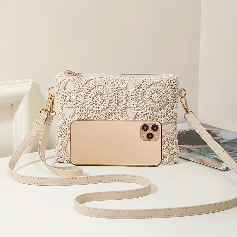 Korean Versatile Crossbody Crochet Bag Straw Woven With Zipper Closure