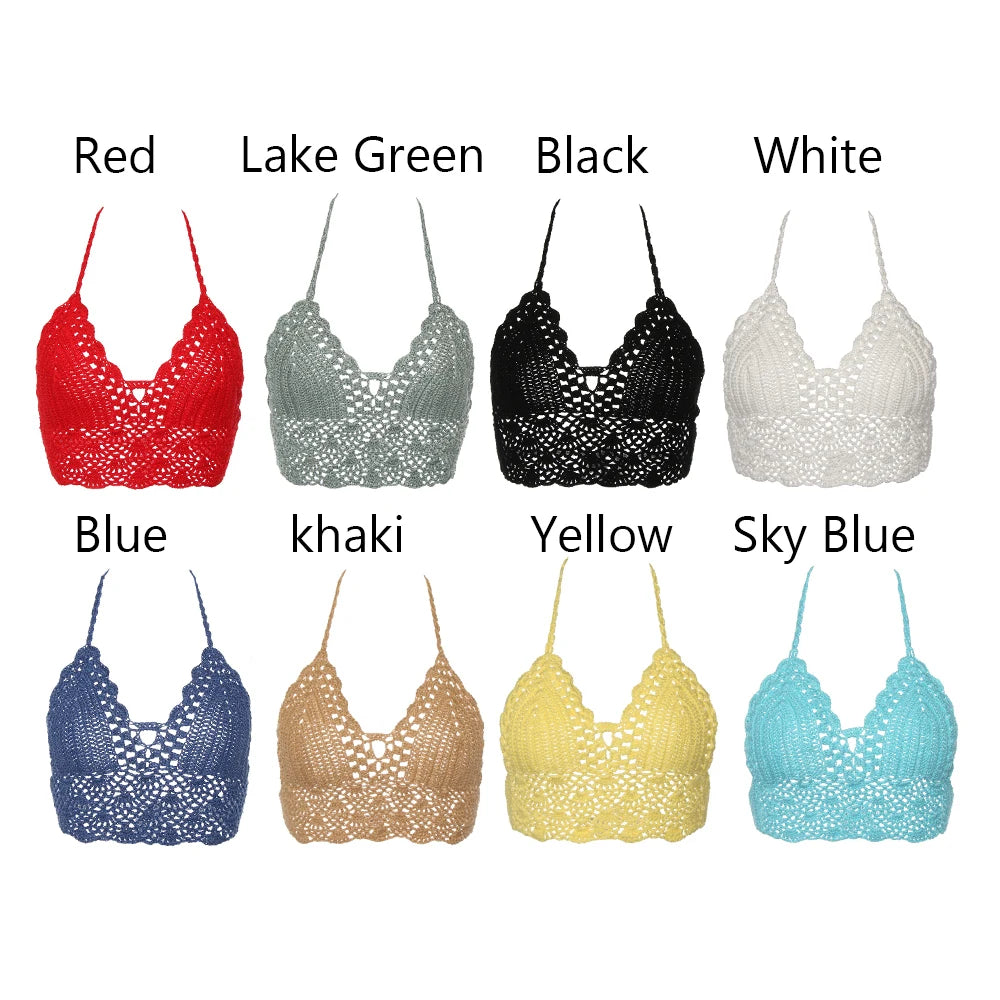 Haut court tricoté en crochet, type bralette, bikini, débardeur dos nu, style bohème, pour femmes
