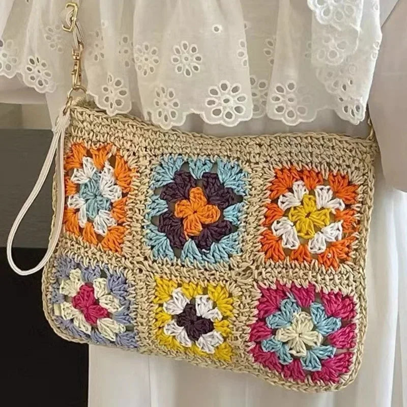Summer Handmade Crochet Bag Retro Flower Paper Rope Crossbody Shoulder Bag