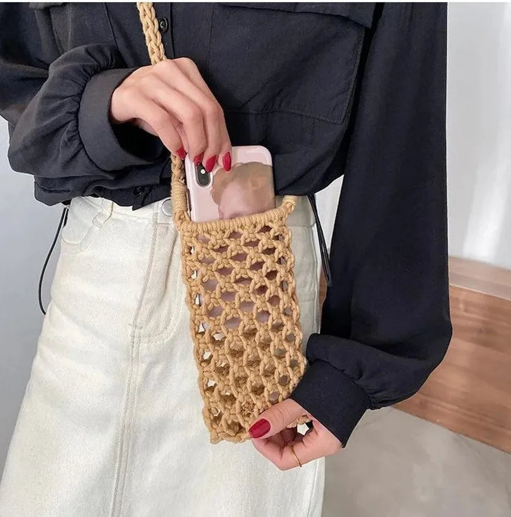 Hollow Out Woven Crochet Crossbody Phone Bag Women Lightweight Shoulder Bag