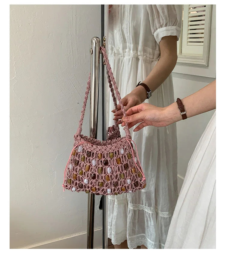 Hollow Beading Womens Shoulder Bag Rope Knitting Bohemian Crochet Mesh Tote Bag