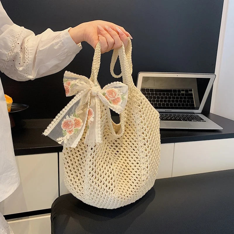Summer Lace Bow Tote Bag For Women Raffia Rattan Crochet Shoulder Bag 2025