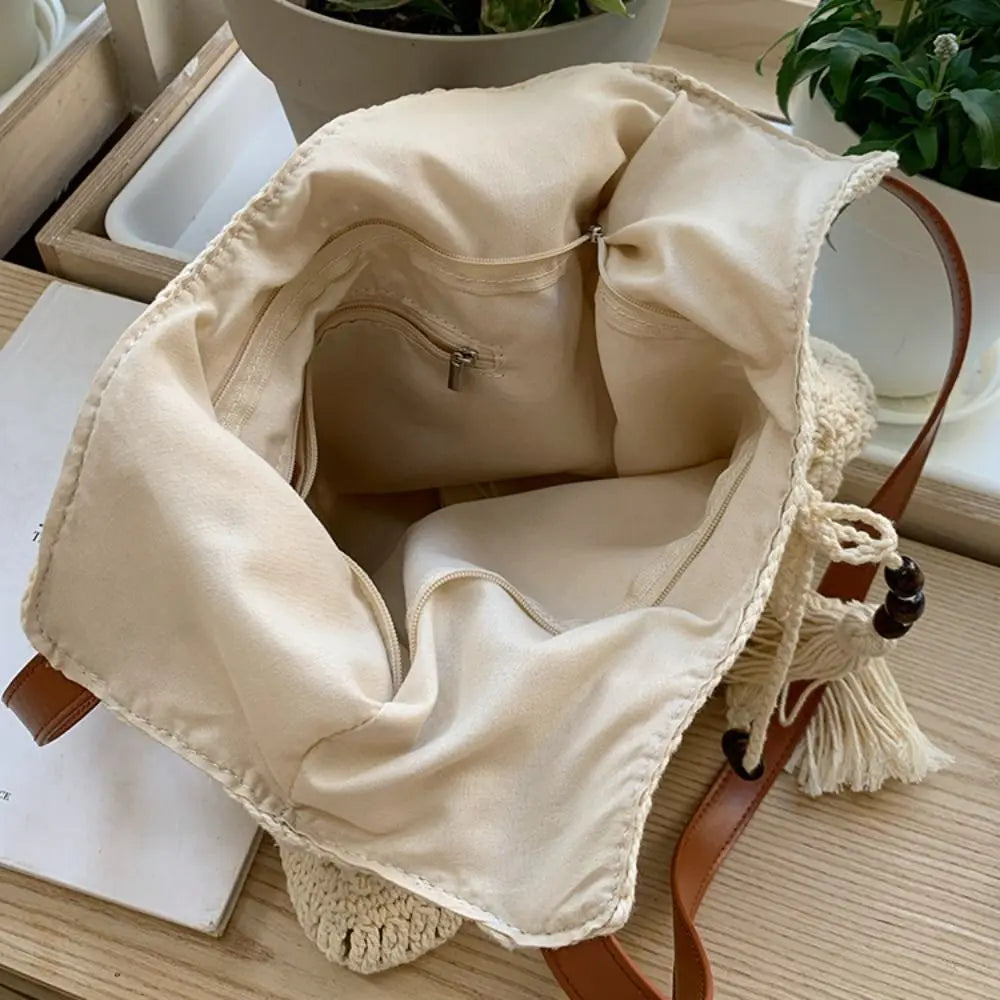Bohemian Crochet Tote Bag Large Capacity Boho Weave Ethnic Beach Style Bag